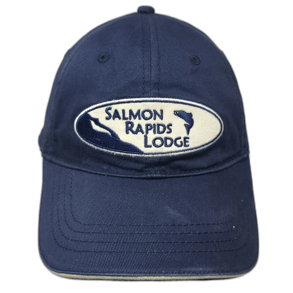 Sherry Salmon Rapids Lodge Hat Blue Baseball Cap One Size Slideback Fish Patch